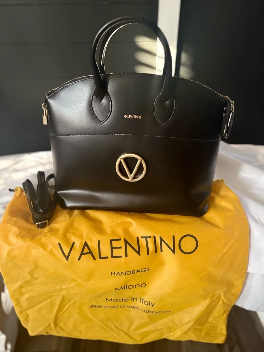 Valentino Black Leather Satchel with Gold Hardware